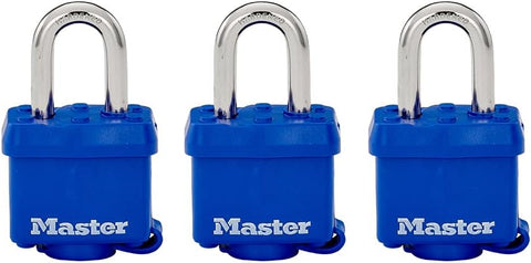 Master Lock 312TRI 106130 Weatherproof Blue Thermoplastic Laminated Padlock 3-Pack