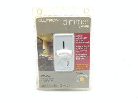 Lutron S-603PH-WH Skylark White 120V 600W Incandescent/Halogen 3-Way Dimmer with On/Off Switch