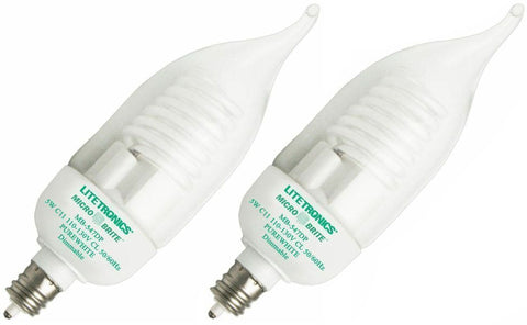 Litetronics MB-547DP Micro Brite 5W 120V C11 Flame Tip Candelabra Dimmable Clear Fluorescent Light Bulb Lot of 2