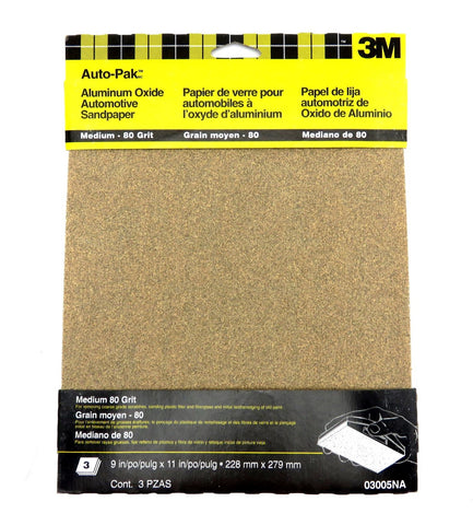 3M 03005 9" x 11" inch Medium 80 Grit Aluminum Oxide Automotive Sandpaper 3-Pack