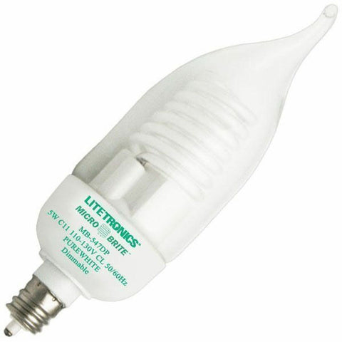 Litetronics MB-547DP Micro Brite 5W 120V C11 Flame Tip Candelabra Dimmable Clear Fluorescent Light Bulb